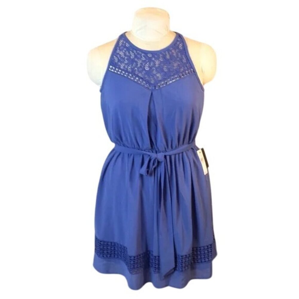 NWT Iz Byer Womens Sleeveless Periwinkle Lace Accent Dress Large